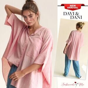 Davi & Dani Rhinestone Pleated Back Design Short Sleeves Oversized Shirt | Pink